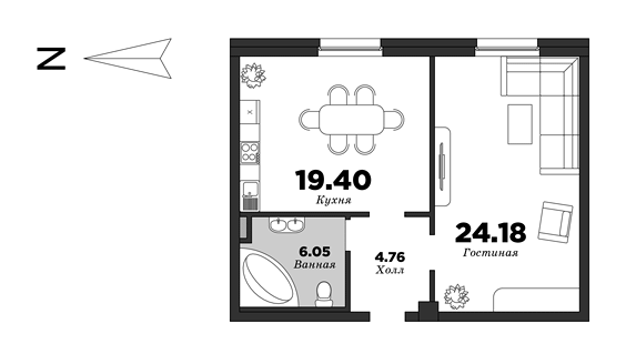 NEVA HAUS, Корпус 1, 1 спальня, 54.39 м² | планировка элитных квартир Санкт-Петербурга | М16